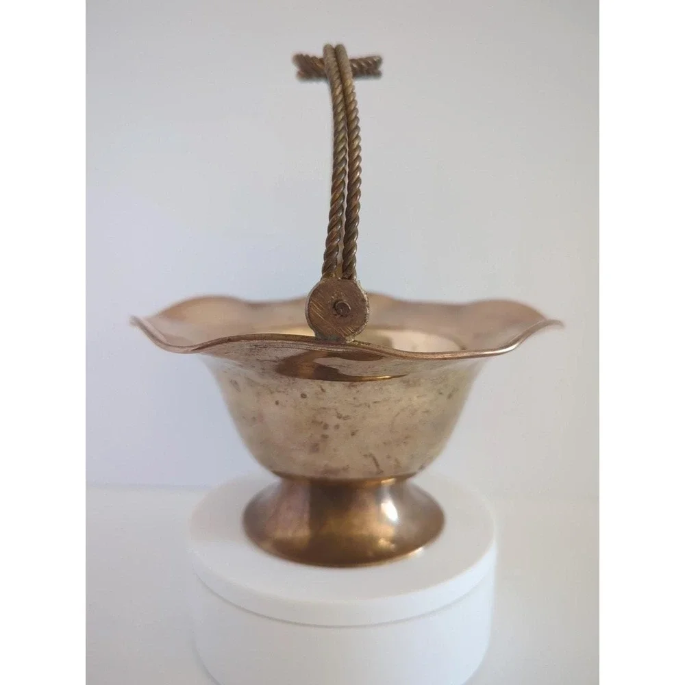 Vintage Brass Flower Basket Rotating Knot Handle Scalloped Patina Trinket Dish